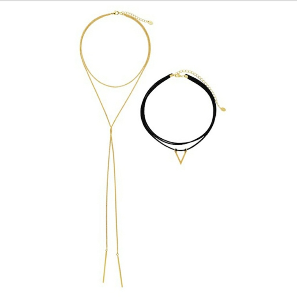 SterlingForever Choker Set 14K Gold Bars & V Charm